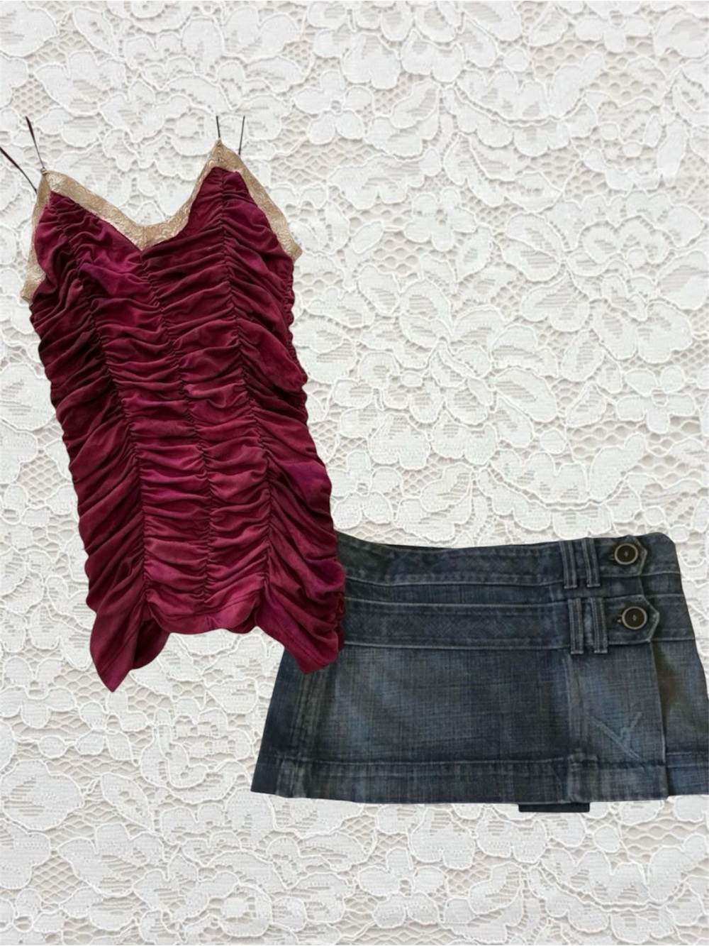 vintage burgundy ruched tank top with lace trim